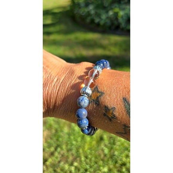 Dumortierite and Clear Quartz Gemstone Beaded Bracelet - Picture 5 of 7